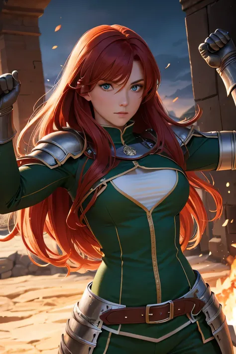 "a red-haired, green-eyed muscular woman in a knight training uniform, exuding bravery and passion."