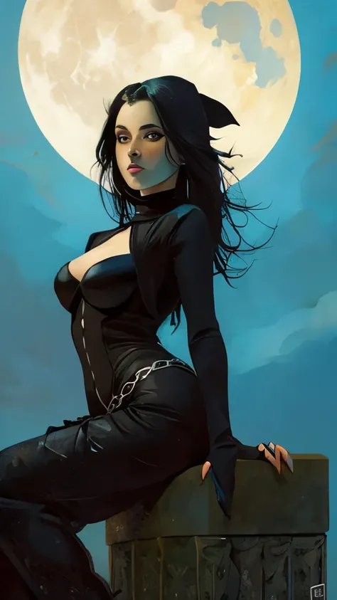 a painting of a girl sitting on a pillar with a moon in the background, gothic girl, james gurney brom, gothic art, jeffrey jones, gerald brom style, by Brom, goth girl, gothic art style, by Art of Brom, grungy gothic, chris bachalo comic art, by Gonzalo E...