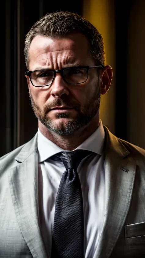 An original award-winning photo，a muscular man, (40 year old daddy:1.1), 1 chico, Alone, (black suit), (white dress shirt), (black neck tie), (big shoulders), musculature, dad bod, stubble, short beard, (detailed body), realist eyes, Wearing glasses, expre...