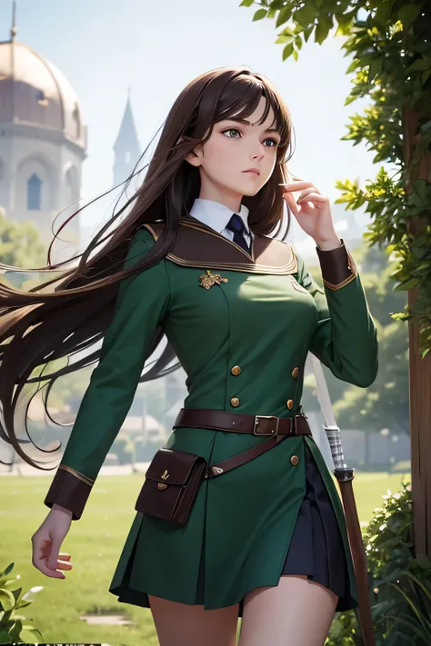 a slender, brown-haired, green-eyed strategist in a well-kept knight training school uniform, calm and calculating."woman