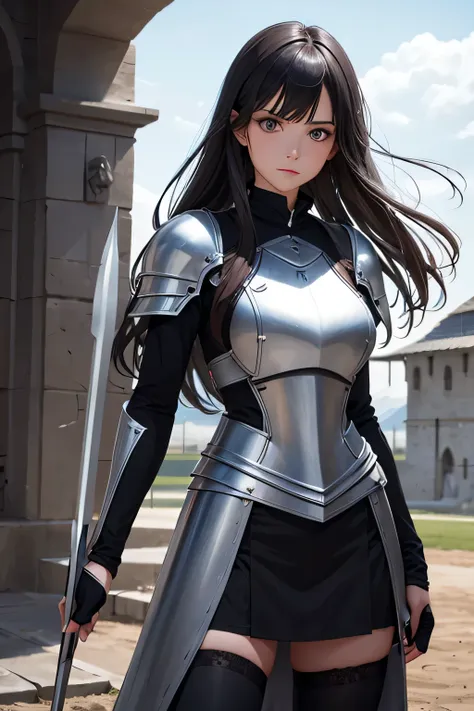 "a dark-haired, gray-eyed woman in a knight training uniform, with a serious and reserved expression, holding a practice spear."...