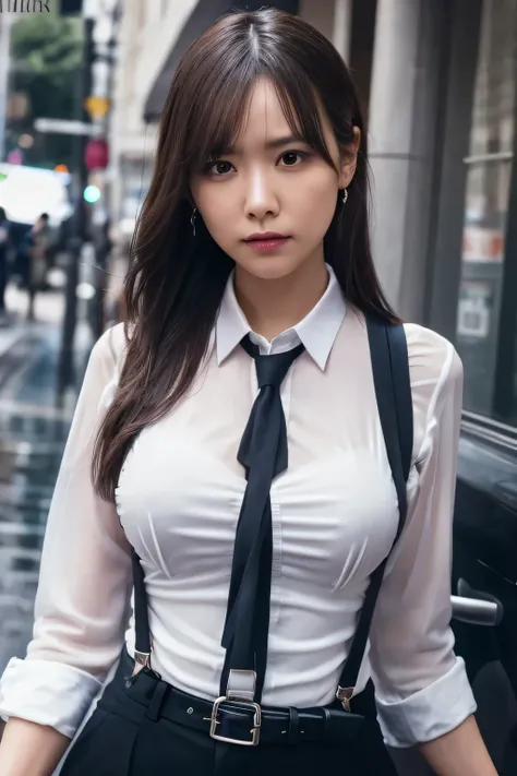 a woman in a suit, belt, hands behind back, sweating, suspenders, black pants, sexly, large breasts, see-through clothing, rain, detective, office worker, white button-up shirt, (best quality,4K,8k,highres,masterpiece:1.2),ultra-detailed,(realistic,photore...