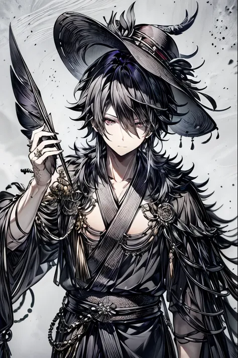 (masterpiece, best quality, perfect face, expressive eyes), 1boy, (male), intricate details, black raven feather cloak, black   ...