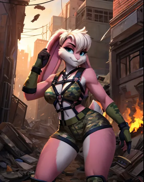 (masterpiece, best quality), 1girl, big tit), big ass, thin waist, thick thighs, toned legs, (Rabbit soldier girl :1.2), animal nose, (white and pink fur :1.2), (wearing a green camouflage top and camouflage shorts :1.2), (military equipment :1.2), (knee a...