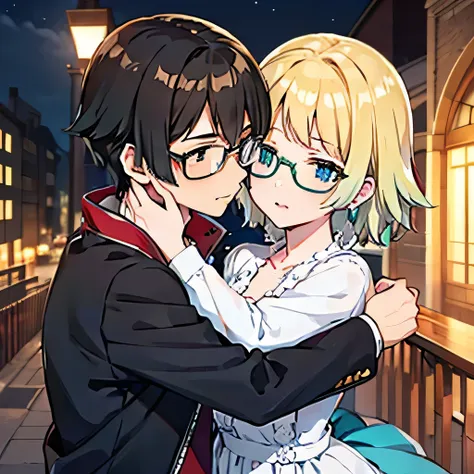 1 boy with black hair, red jacket and glasses romantically kissing a girl with blonde hair with green tipsand blue eyes, white d...