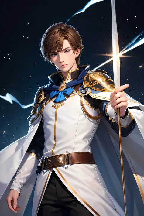 a slender, delicate-looking young man with brown hair and blue eyes, dressed in a knight academy uniform, holding a bow and glow...