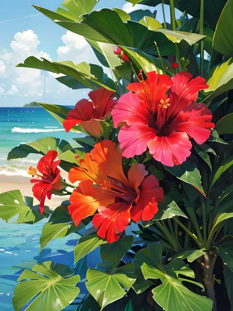 Tropical art with a hibiscus motif, Tropical Hibiscus, mixed color hibiscus, ((masterpiece)), (Photorealistic), (High resolution, Best Quality, Super detailed), Highly detailed CG, (Highly detailed flower:1.2), No humans