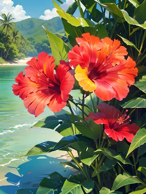 Tropical art with a hibiscus motif, Tropical Hibiscus, ((mixed color hibiscus:1.2)), Feel the summer, Summer landscape, ((masterpiece)), (Photorealistic), (High resolution, Best Quality, Super detailed), Highly detailed CG, (Highly detailed flower:1.2), No...