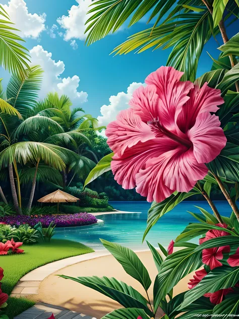 Tropical art with a hibiscus motif, Tropical Hibiscus, ((mixed color hibiscus:1.2)), Feel the summer, Summer landscape, ((masterpiece)), (Photorealistic), (High resolution, Best Quality, Super detailed), Highly detailed CG, (Highly detailed flower:1.2), No...