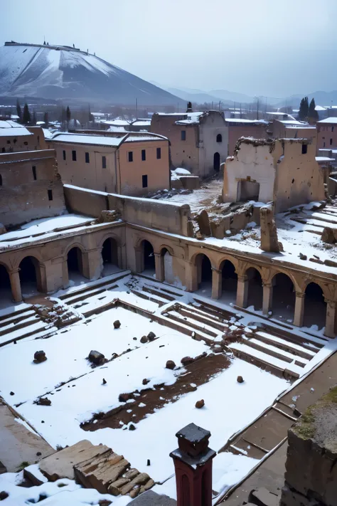 overlooking，ancient roman ruins，pompeii，heavy snow，snow，snow，earthquake，disaster，earthquake，ruins，overlooking，