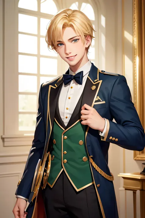 a smart, charming young man with blonde hair and green eyes, dressed in a refined knight academy uniform, smiling warmly."