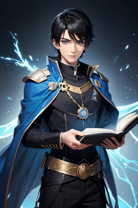 "a slim young man with black hair and blue eyes, wearing a knight academy uniform, holding an ancient magical tome."