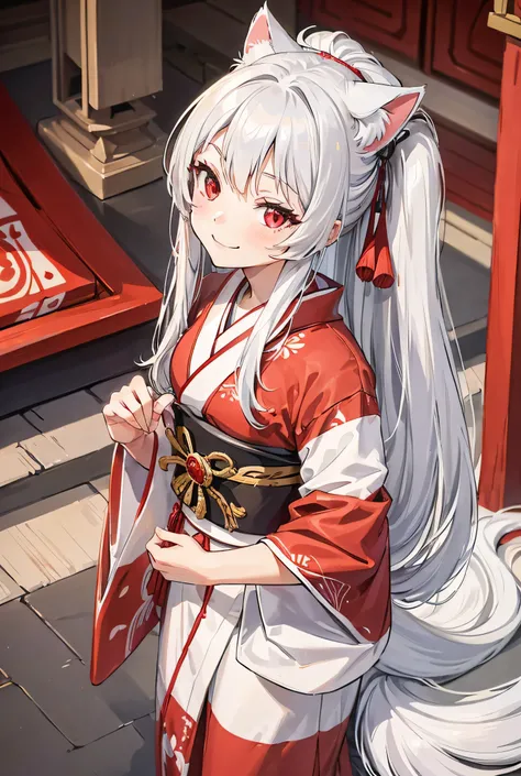 One Girl, Long Hair, Big smile, Silver Hair, Red Eye, White kimono, shrine, Highest quality, High-resolution models, Cat ear, Fisheye Shot,