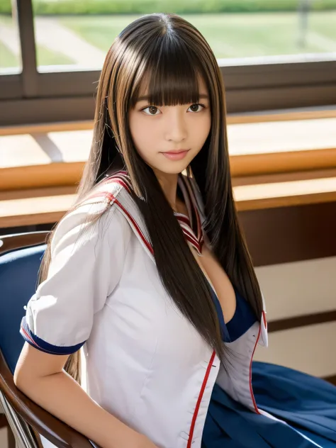 　(Waist up shot:1.1)　((Her hair is very straight extreme absurdly long hair!!!!!!))　(wear Japanese School Uniform, Japanese girls uniform, Japanese , Wear a uniform, wear , seifuku, Girl in uniform, loose coat collar Sailor suit, Junior high school girl, S...