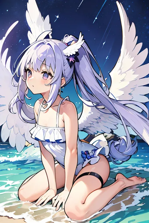 (masterpiece,best quality,ultra-detailed), an anime girl who is, calm angel. She has lavender long hair with straight bangs and high ponytails, periwinkle eyes, eurasian eagle-owl ears and wings, wearing lolita swimsuit and ankle straps, barefoot, wings sp...