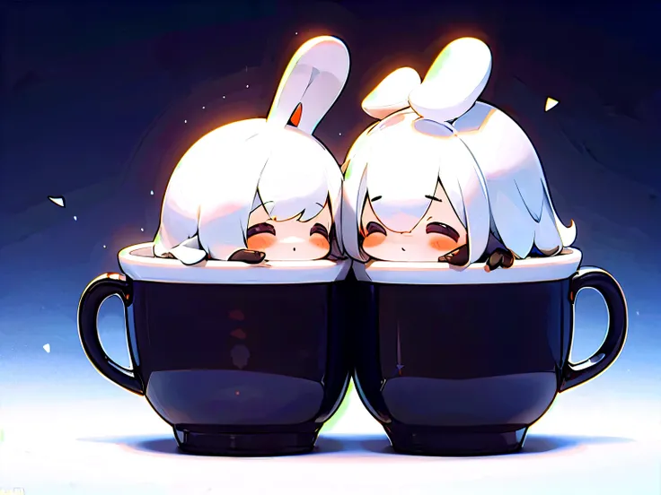 2girls, chibi, one rabbit-girl and one pinguin-girl, inside coffee cup, symmetrical pose, head rub, in cup,