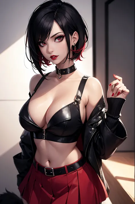 woman, Carol G, emo_hairstyle, red lipstick, dog collar, eyeliner, realistic lighting, short hair, short skirt. seductive look, Big breast, off shoulder midriff, sleeveless. All-fours.