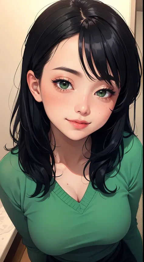 Amazing portrait of a sexy woman wearing her luscious black hair in a cute ponytail, seductively gazing and smiling, soft lips, parted, blushing intensely, smiling, dark green sweater, cream cargo pants, medium chest, perfect body