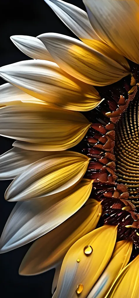 a sunflower 5d amoled, its rich colors and velvety texture background lether, 4k, ultra light, ultra bright, ultra HD, super OLED, hiper details, mind blowing and beautiful pictures, dew drops on flower petals (masterpiece, ultra quality, high resolution, ...