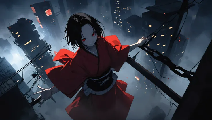 Red silk kimono。Thick Fog,Foggy world。Standing on top of a telephone pole。Black belt。Smiling with arms outstretched。。Black short hair。forehead, Beautiful red eyes。Dead skin。alone。darkness。Spooky atmosphere。Japan。Concrete city。Dark atmosphere without light。...