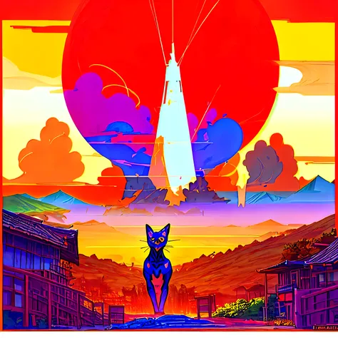 Art of masterpiece, Dramatic composition, Chinese giant cat-girl robot transformer-evangelion-like technical design style, background Illustration of a small old-fashioned Japanese local village on the Island with big volcanic mountain peak,  Andrei Tarkov...