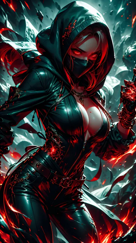 A slim woman dressed in all black, her hood hiding her hair as she wields a katana with deadly precision. Her eyes are a piercing red, a stark contrast to her black mask covering her mouth. She moves with the grace and style of an anime character, fighting...