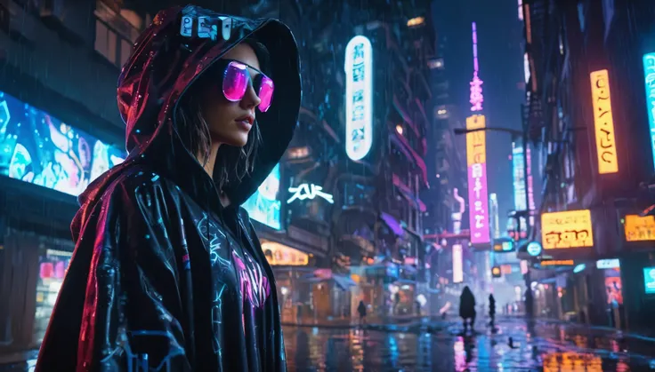 cyberpunk city hacker :: neon graffiti, augmented reality glasses, hooded cloak :: rainy night :: Epic cinematic brilliant stunning intricate detailed matte painting, deep color, fantastical, intricate detail, splash screen, complementary colors, fantasy c...