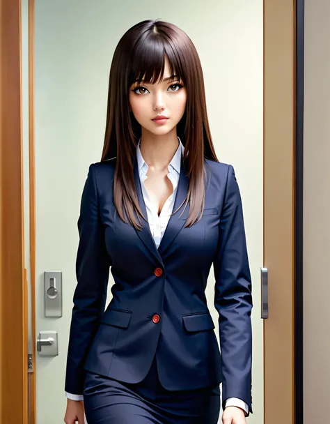 ((RAW photo), absurd, (absurdresolution)), close-up photo of very attractive, beautiful girl, ((seductive look, sharp pupil, detailed, realistic)), Japanese fit girl, office girl, fine fabric clothes, (Perfect girl with straight hair), (sexy look), ((walki...