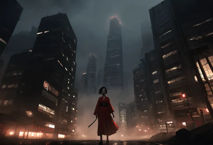 Red silk kimono。Thick Fog,Foggy world。Walking。Black belt。laughing。。Black short hair。forehead, Beautiful red eyes。Dead skin。alone。darkness。Spooky atmosphere。Japan。City of Concrete。Delicate depiction。Realistic texture。Dark atmosphere without light。night。Chia...