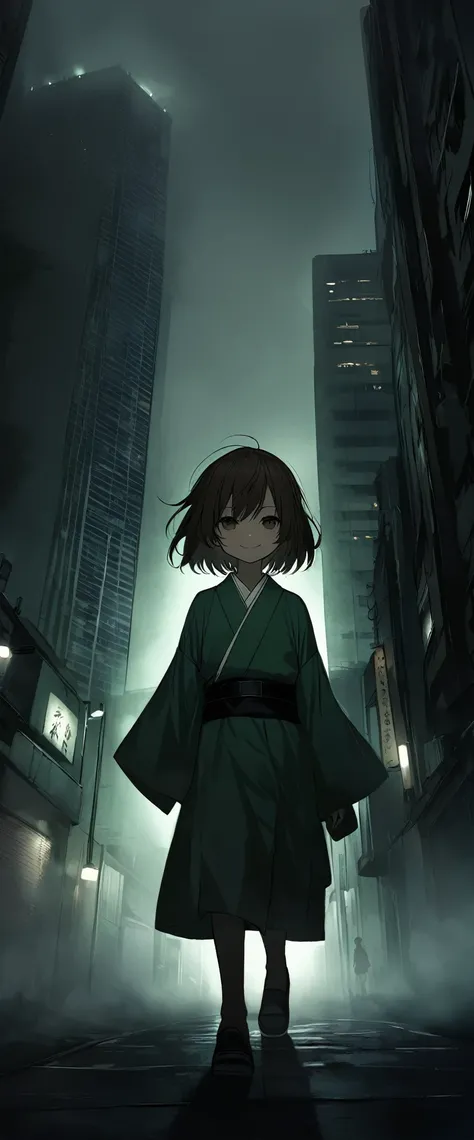 Dark green silk kimono。,Walking in the fog。Black belt。smile。Young elementary school student。Short。Brown medium hair。Beautiful dark eyes。One person。darkness。Spooky atmosphere。Japan。Concrete city。Dark atmosphere without light。night。Chiaroscuro,Huge skyscrape...
