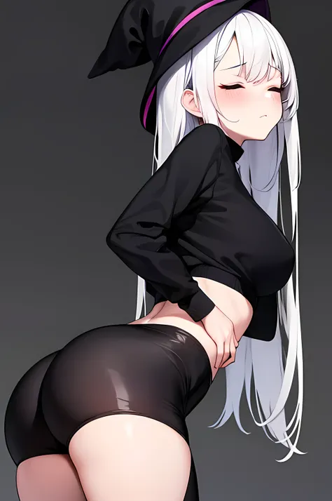 NFSW: standing girl, with the butt to one side, Black short leggings, Representing her ass to one side, dyed white hair, closed eyes, blushing, Leggings negros, black witch hat on head, 