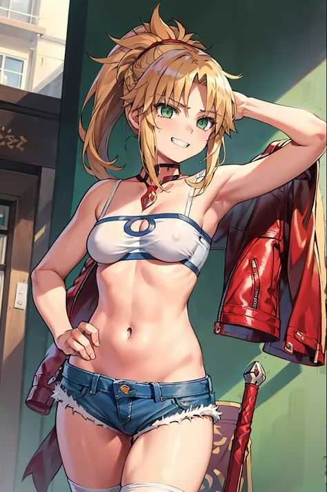 Masterpiece, Best Quality, illustration, city street, 1girl, Mordred (fate), cowboy shot, collarbone, Detailed blond hair ponytail braid, green eyes, Red leather jacket, White short blouse, denim shorts,navel,thigh-high,grin, covered_pussy,skiny,long_sword...