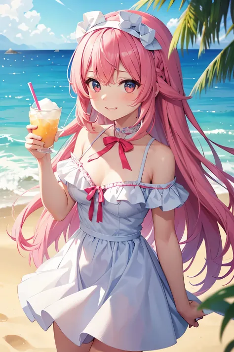 Draw an image of a young girl on a sunny beach with her hair flowing in the sea breeze. She should be wearing a white summer dress with pink and red accents and a ribbon headband. In her hand is a white cup filled with blue shaved ice, indicating it’s hot ...