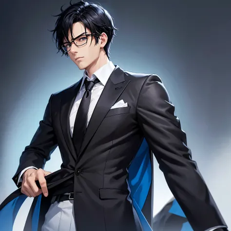 Create an anime-style character with neatly styled, dark black hair and square black glasses. The character should be wearing a formal black premium suit with a white shirt and a black tie, holding the coat at the chest. His expression is serious and compo...