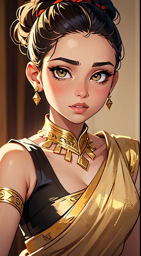 Amazing portrait of a sexy woman with her hair tied back in a low bun with her eyes emphasised by smokey eyeliner gazing at us seductively with her perfect lips parted wearing gold blouse and a white saree with gold embroidery