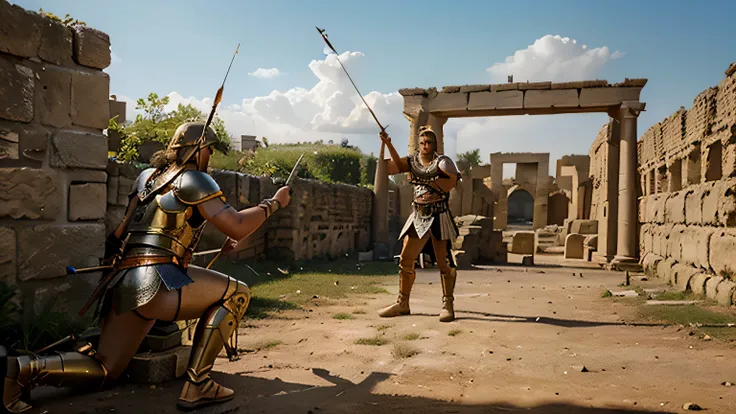 Paris, the Trojan prince, standing behind a stone wall, dressed in ornate Trojan armor, with intense focus as he draws his bow and releases the arrow aimed at a distant warrior (Achilles), who stands tall in golden Greek armor on the battlefield, unaware o...