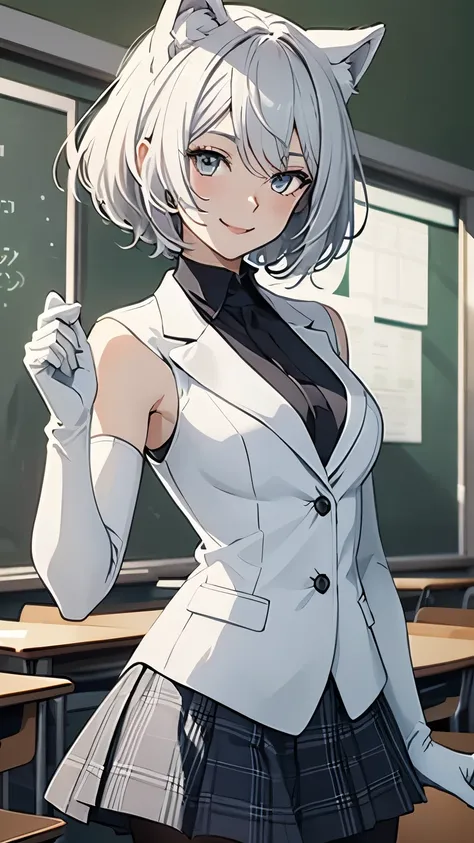 Tabletop　 Best image quality　wonderful　Attention to detail　One Young Woman（（Adult））Anime Style　White blazer（Sleeveless）　Light blue mini skirt（Plaid）　snow-white gloves（Elbow Gloves）　White Pantyhose　loafers　White wolf ears　short hair（（Shortcuts）（Gray Hair）（C...