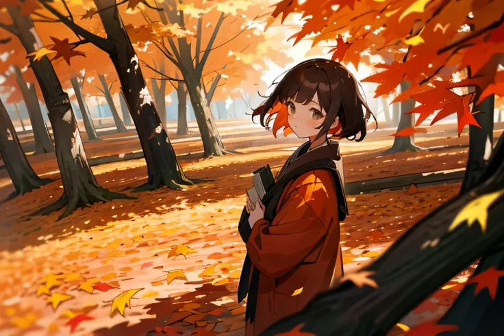 girl、autumn、autumn leaves、Leaves are scattered、Lots of trees