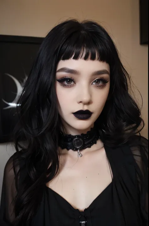 1girl, goth, goth makeup, pale skin, microbangs, black lips, black lipstick, eye shadow, eyeliner, mascara, smoky eyes, dress, l...