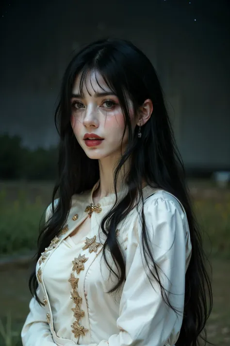 (masterpiece, Highest quality), Very detailed, Portraiture, One girl, beautiful girl, Fairy, (Upper Body), Green Eyes, White Ao Dai Dress, Long Hair, ((Black Hair)), Side-swept bangs,A crying black eye under my left eye,Are standing, Starry sky in the back...