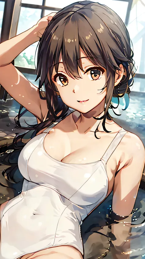 High resolution、Akagi mio、A person sitting on a swim ring in an empty resort night pool々situation。She is wearing a glamorous white bikini.、White swimsuit､The pool is beautifully lit、The surroundings are quiet and relaxing.､
(Masterpiece 1.5),super high qua...