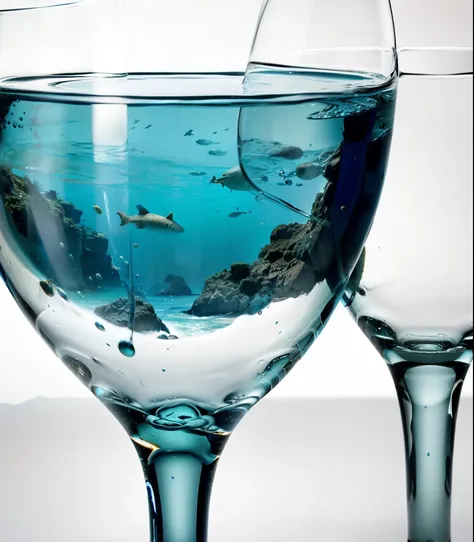 rocky world in a glass, realistic, ocean blue