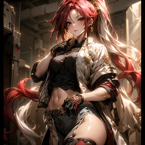 (best quality)), ((Masterpiece)), (details:1.4), 3d, HDR (high dynamic range), an image of a beautiful cyberpunk female, mature woman, medieval, cyberpunk, red hair, long hair, Beautiful white eyes, จมูกโด่ง, ปากแดง, หน้าอกใหญ่, nvidia RTX, PBR surface, Af...