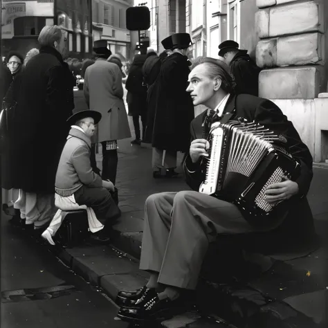 Black and white photo of a man playing the accordion in the city, Photo by Antonas Sutkus, by Albert Welti, Kurt Seligman, Henri Cartier・Bresson, アンリ カルティエ Bresson, Henri Cartier - Bresson, Robert Capa, Henri Cartier・Bresson, Henri Cartier＝Bresson, By Loui...