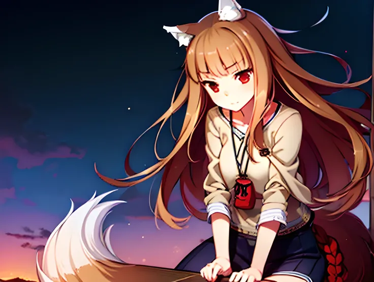 1girl, animal ears,wolf ears, tail, wolf tail, red eyes, wolf girl, brown hair,long hair, hemp clothing, pouch, (extremely detai...