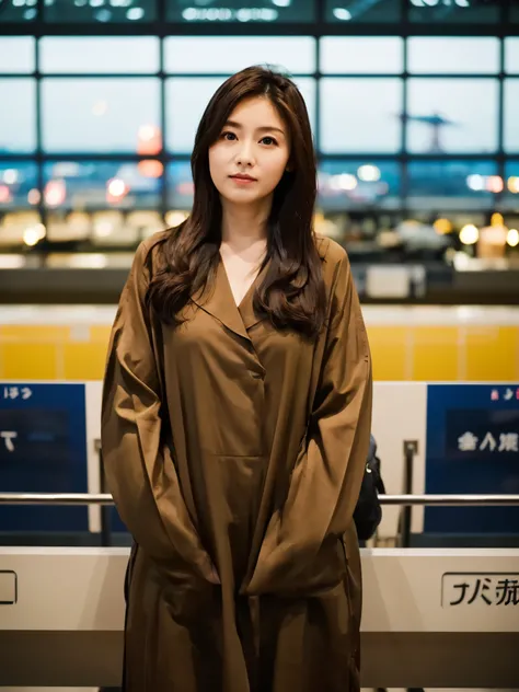 1 woman, Early 20s, (Strong-willed super beautiful Japanese woman), is standing, Wearing makeup, brown long hair, (Airport at night:1.1), Large windows at the departure gate, (Airplane from background window:1.2), Shallow depth of field