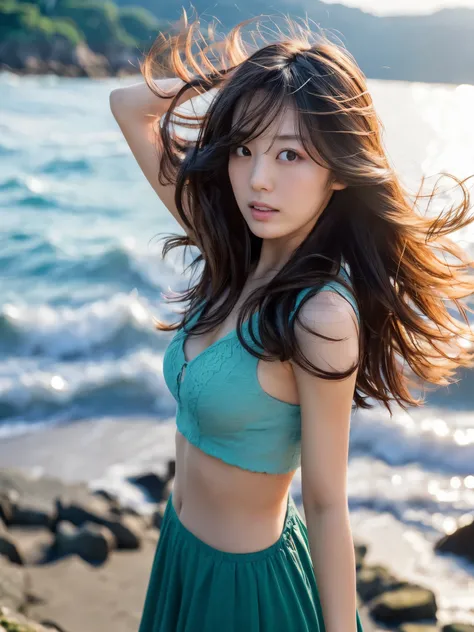 ((highest quality)),((masterpiece)),((Very beautiful)), Dramatic light and shadow, One girl, Japanese woman, 30 years old, slender body, wavy long hair, hair messy, Realistic skin texture, strong breeze, Rain, Rocky Shore, rough sea, Feminine pose