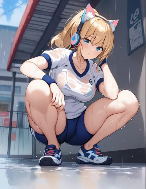 Beautiful girl Squatting in street, High resolution, Ponytail, chest, Blushing, Blonde, Cat ear, Blurred, earphone, Wet Gym uniform, (full body shot:1.2), (From below:1.3), rainy day,