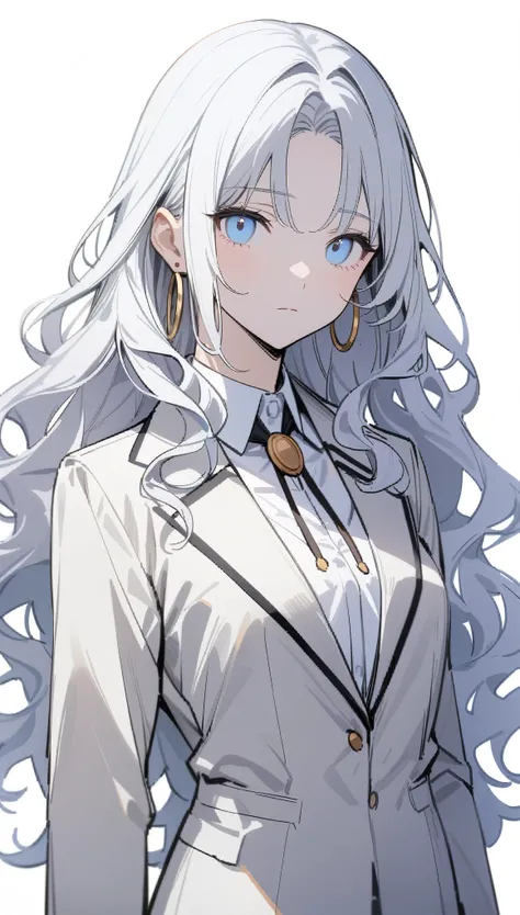 {{masterpiece}}, The best quality of life, Ultra-high resolution, Highest quality, 4K, 8k,Attention to detail,((White long hair、Wavy Hair Styles)) One Woman、Small breasts、((Perfect light blue eyes))(White blouse、Gray office suit jacket、Bolo tie）criminal、Ho...