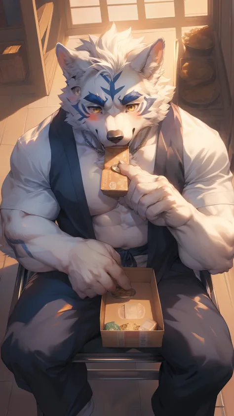 (By Empty Ghost, From thebigslick, By Dark Gem, Will chase), Keyuan Building (Onmyoji Daisenji Temple), High quality photos, Perfect anatomical structure, Anthropomorphic white wolf, male, 30 years old, (white wolf print), Thick eyebrows, short hair, Stron...